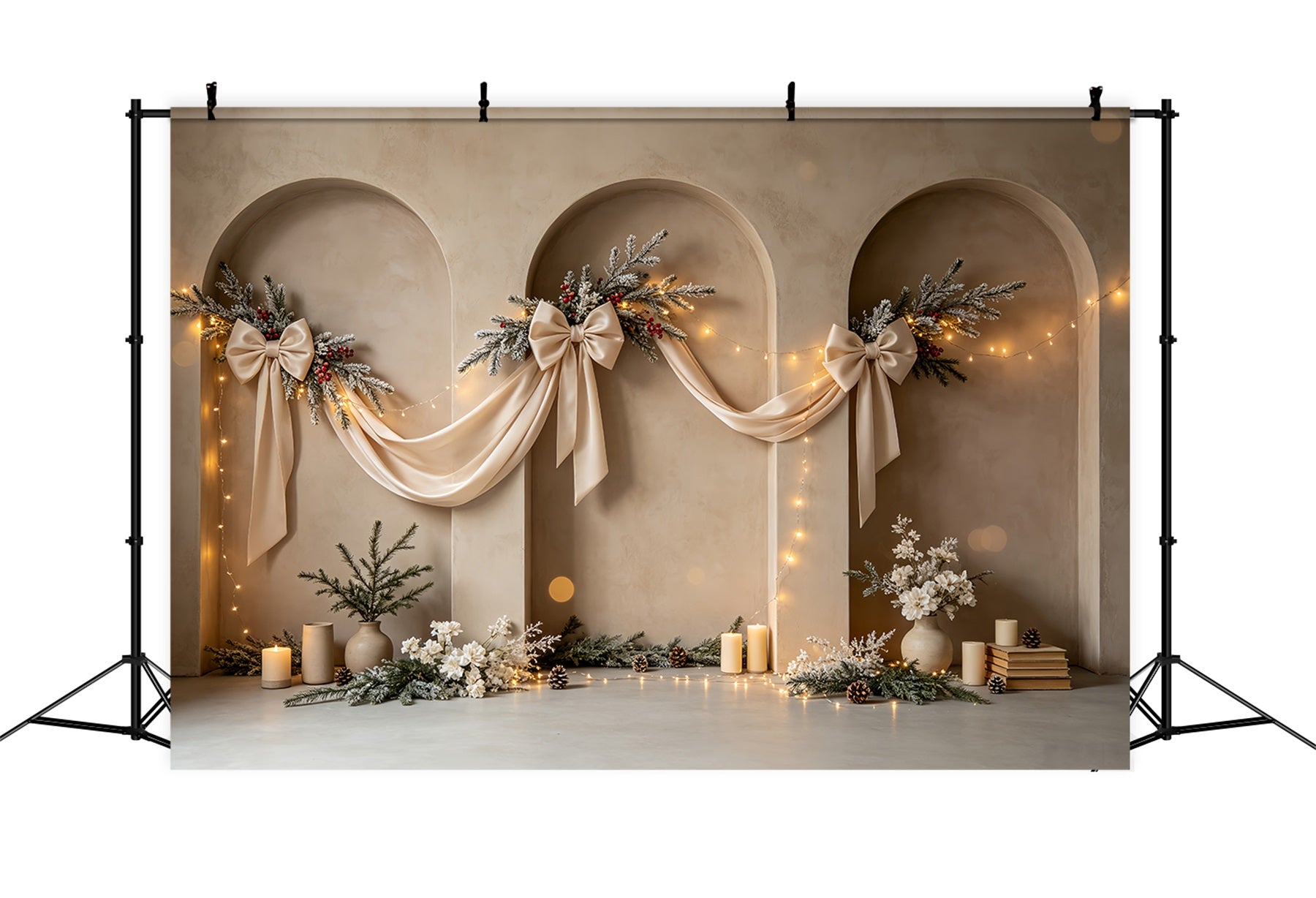 Boho Christmas Backdrop Elegant Arch Ribbon Decor Photo Christmas Backdrops CSH68-75