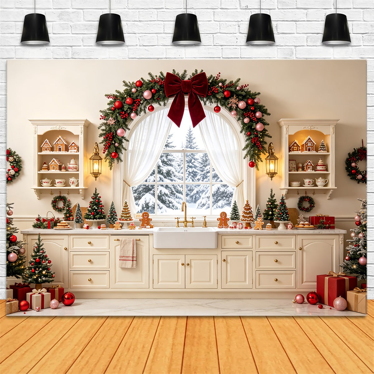 Christmas Kitchen Backdrop Snowy Fireplace Garland Christmas Studio Backdrops CSH68-76