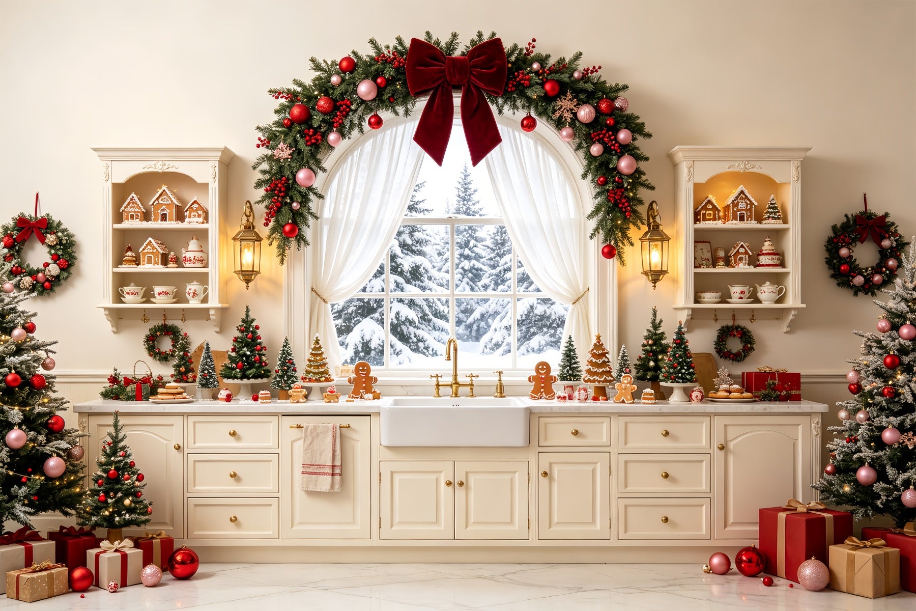 Christmas Kitchen Backdrop Snowy Fireplace Garland Christmas Studio Backdrops CSH68-76