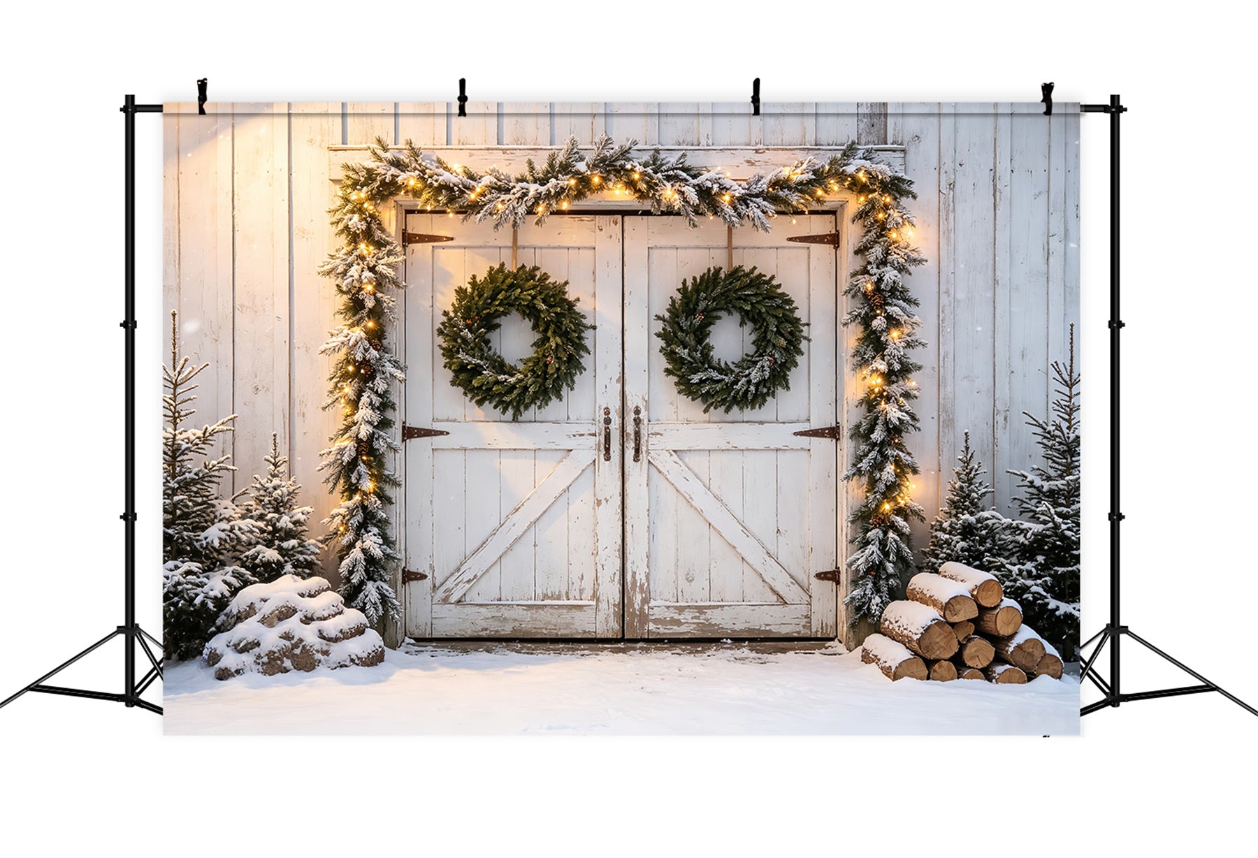 Barn Door Christmas Backdrop Snowy Barn Door Garland Wall Christmas Backdrop CSH68-79