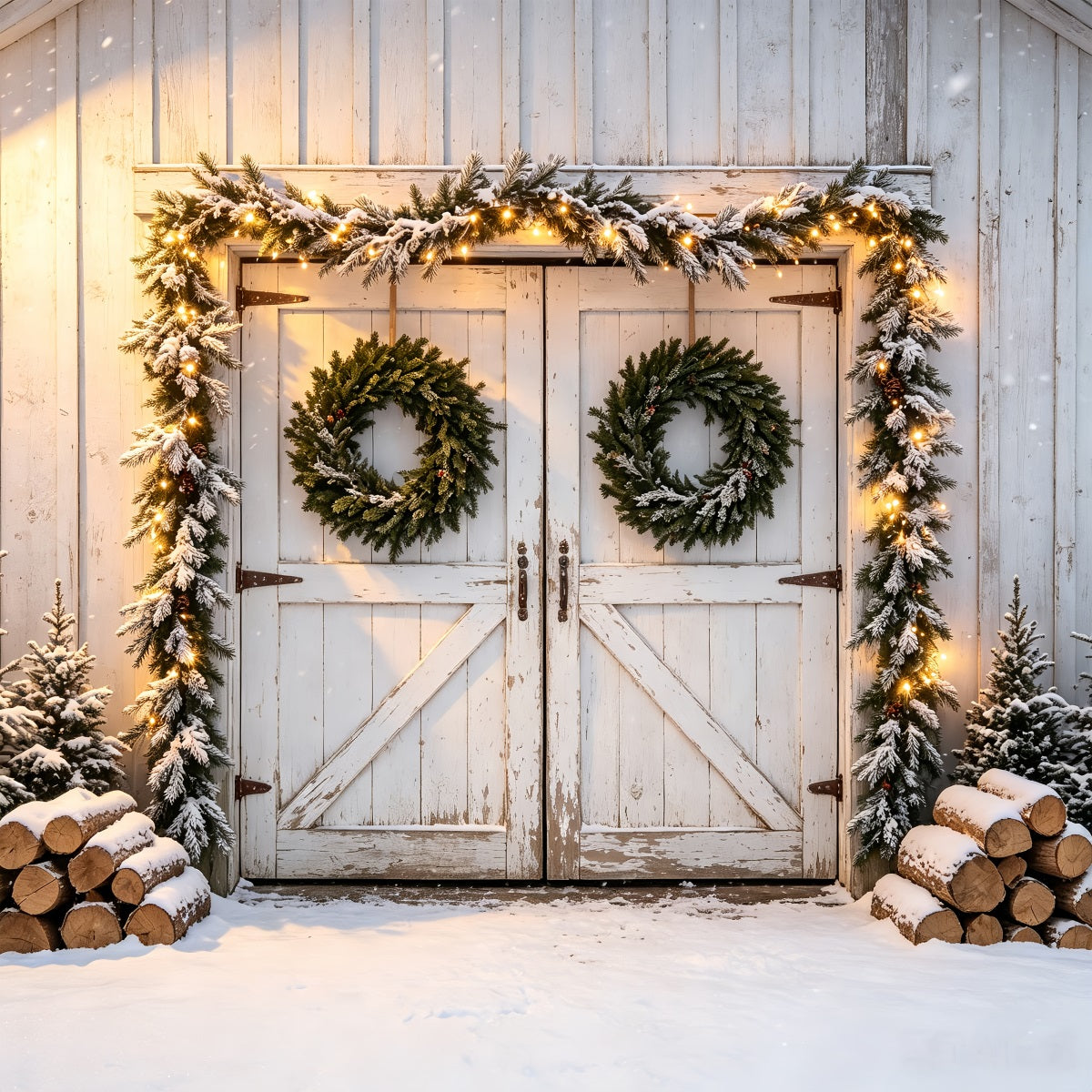 Barn Door Christmas Backdrop Snowy Barn Door Garland Wall Christmas Backdrop CSH68-79