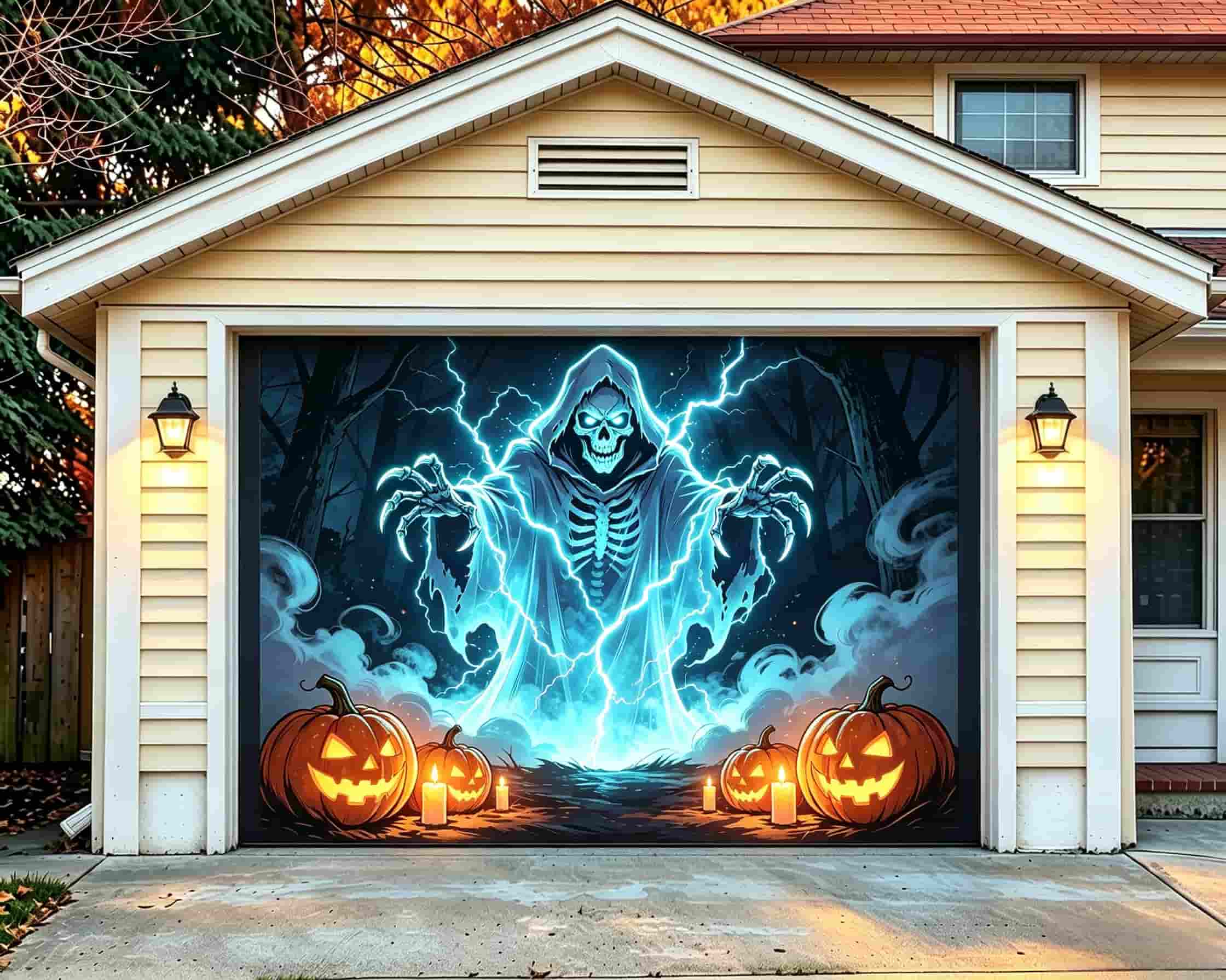 Gothic Halloween Garage Door Cover Electric Reaper Pumpkin Forest Halloween Yard Garage Door Decor CSH68-8-1 car