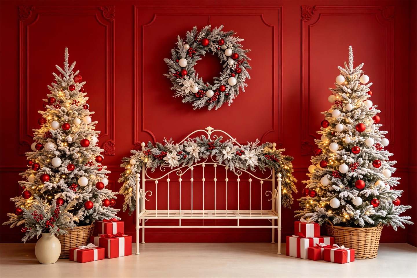 Christmas Headboard Backdrop Red Bench Frosted Trees Christmas Muslin Backdrop CSH68-80