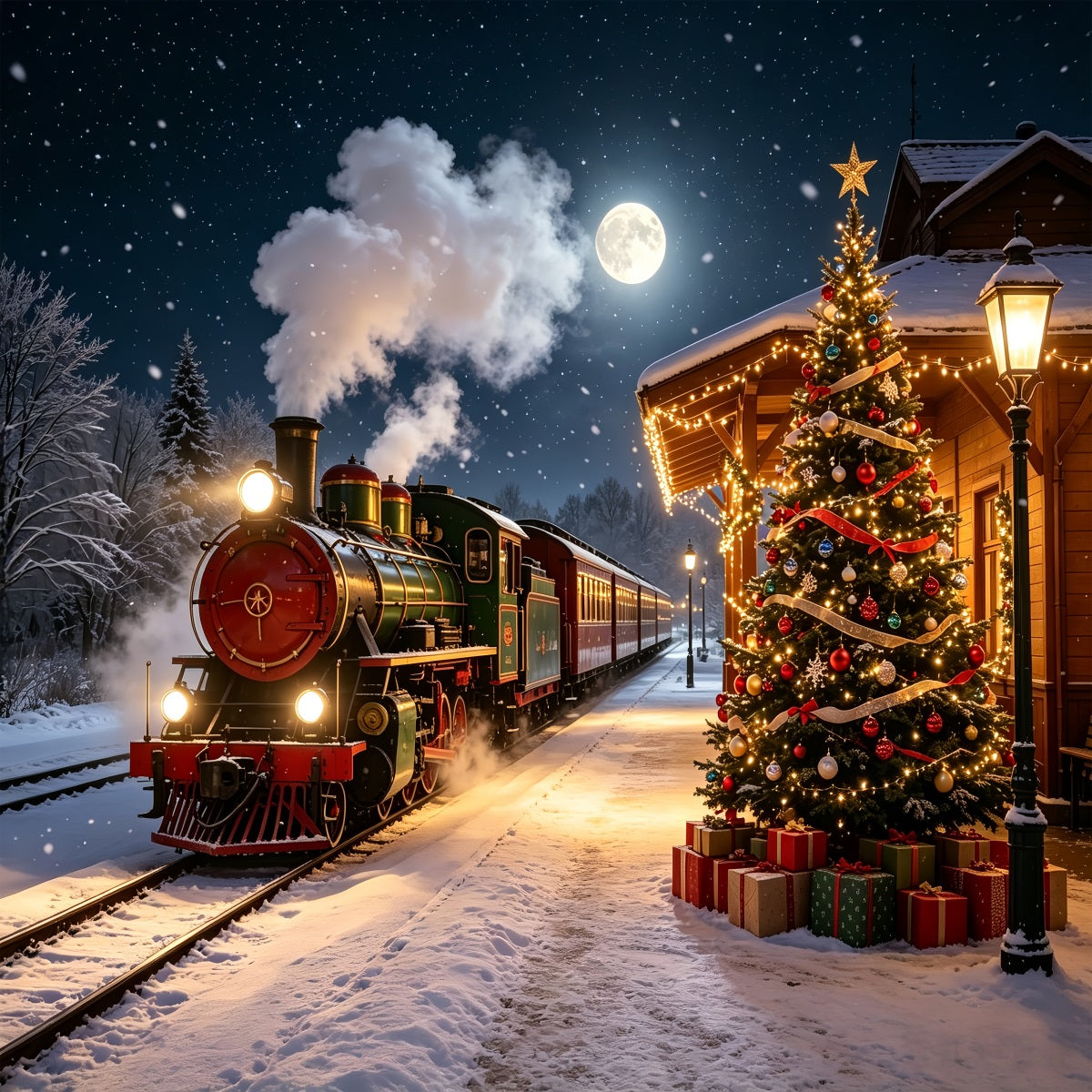Christmas Train Backdrop Snowy Station Tree Lights Indoor Christmas Backdrops CSH68-82