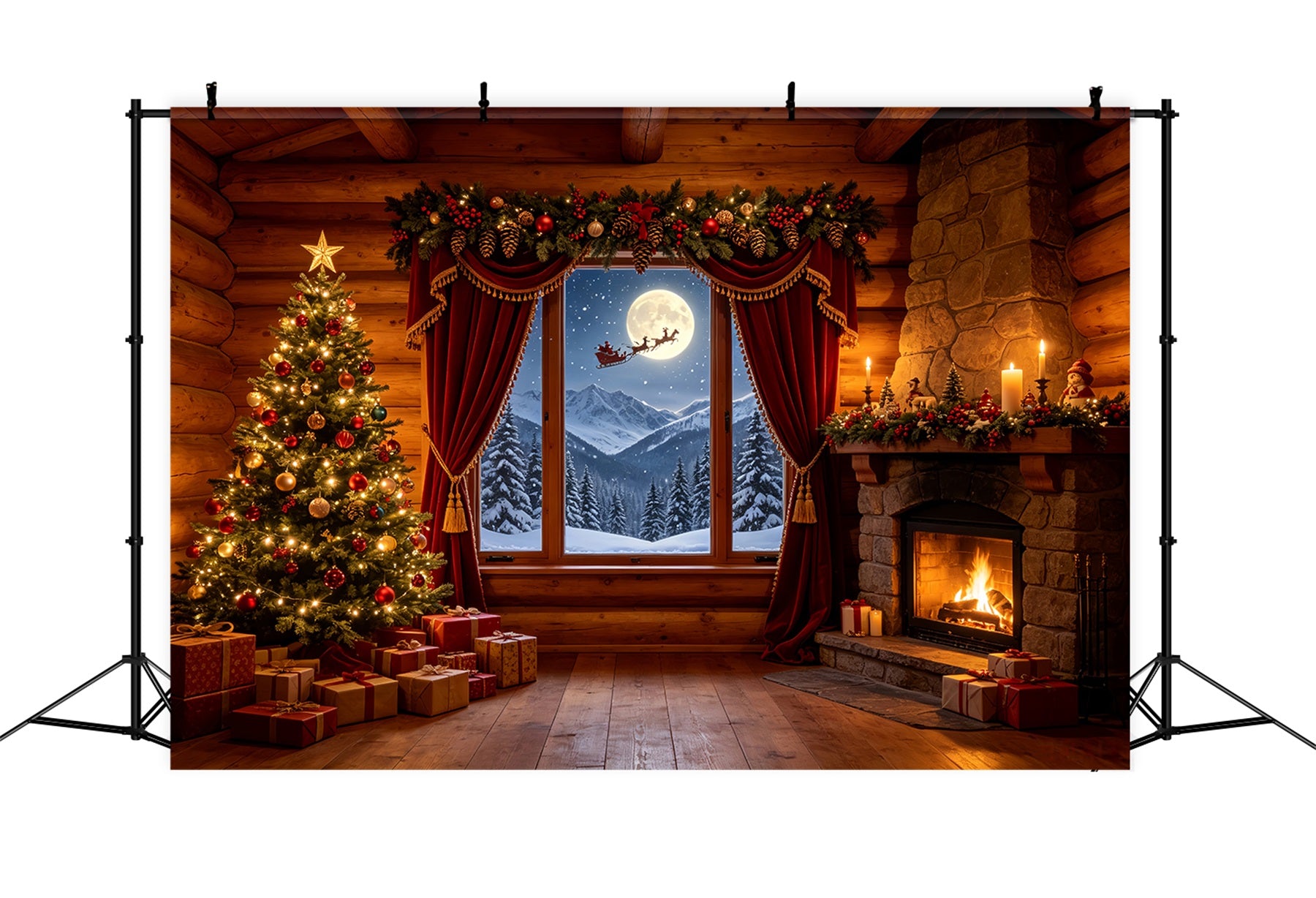 Christmas Cabin Backdrop Rustic Cabin Mountain Window Professional Christmas Backdrop CSH68-83