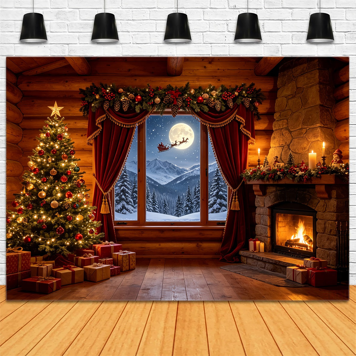 Christmas Cabin Backdrop Rustic Cabin Mountain Window Professional Christmas Backdrop CSH68-83