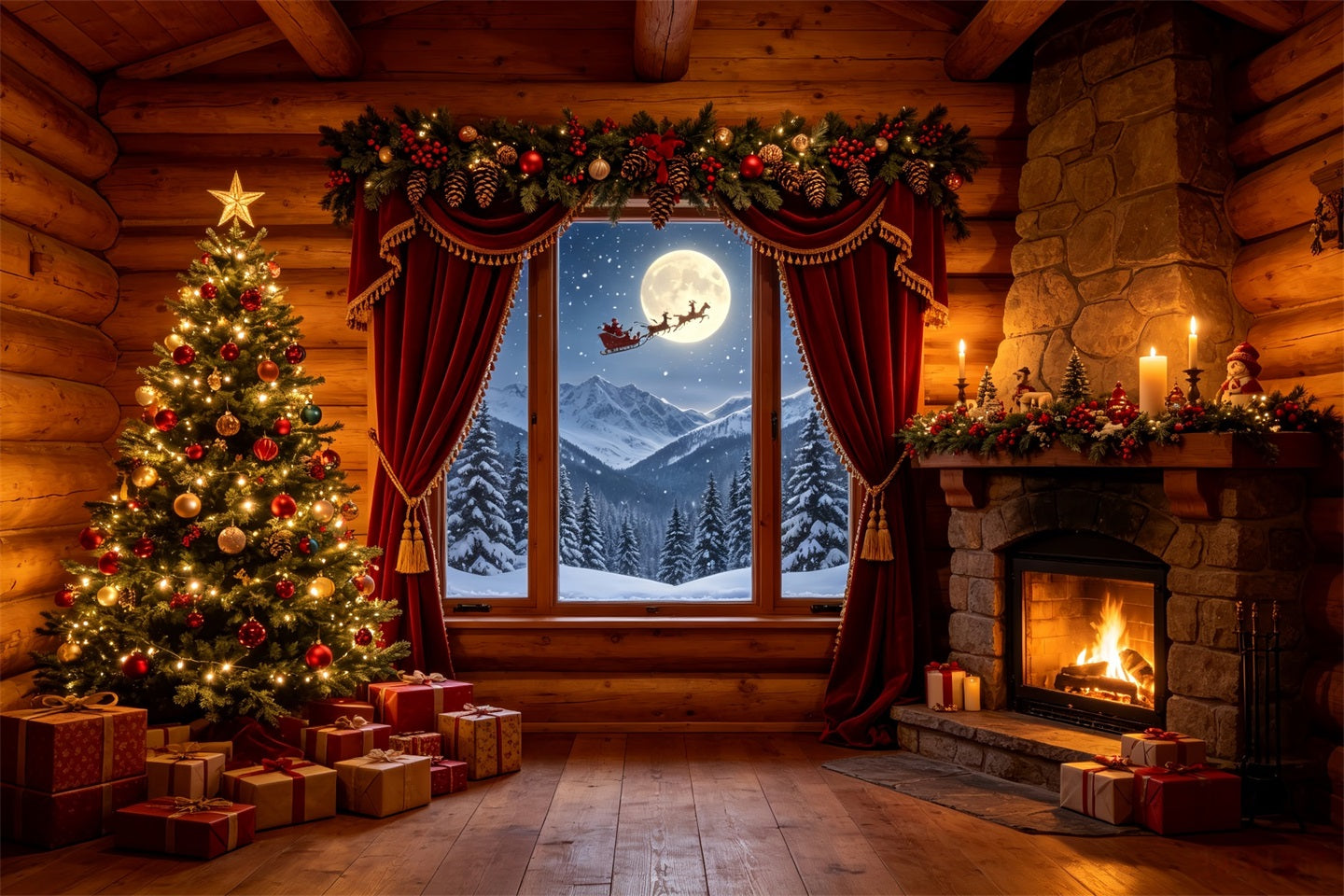 Christmas Cabin Backdrop Rustic Cabin Mountain Window Professional Christmas Backdrop CSH68-83