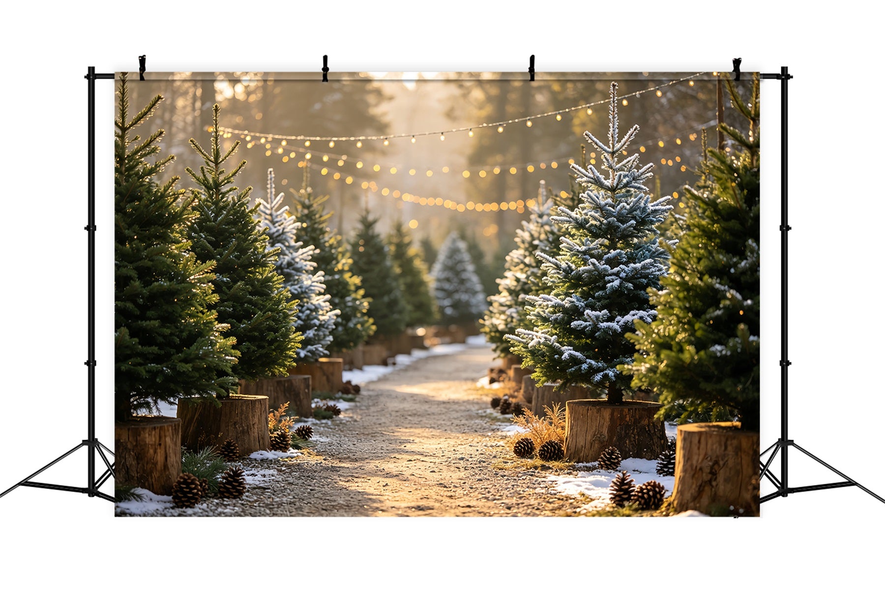 Christmas Tree Backdrop Snowy Pine Pathway Lights Muslin Christmas Backdrop CSH68-85