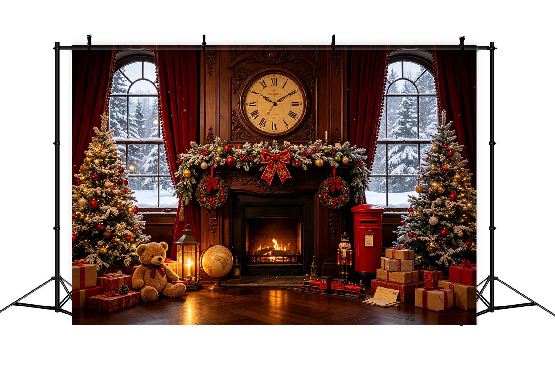 Vintage Christmas Backdrop Vintage Fireplace Clock Room Photographic Backdrops Christmas CSH68-87