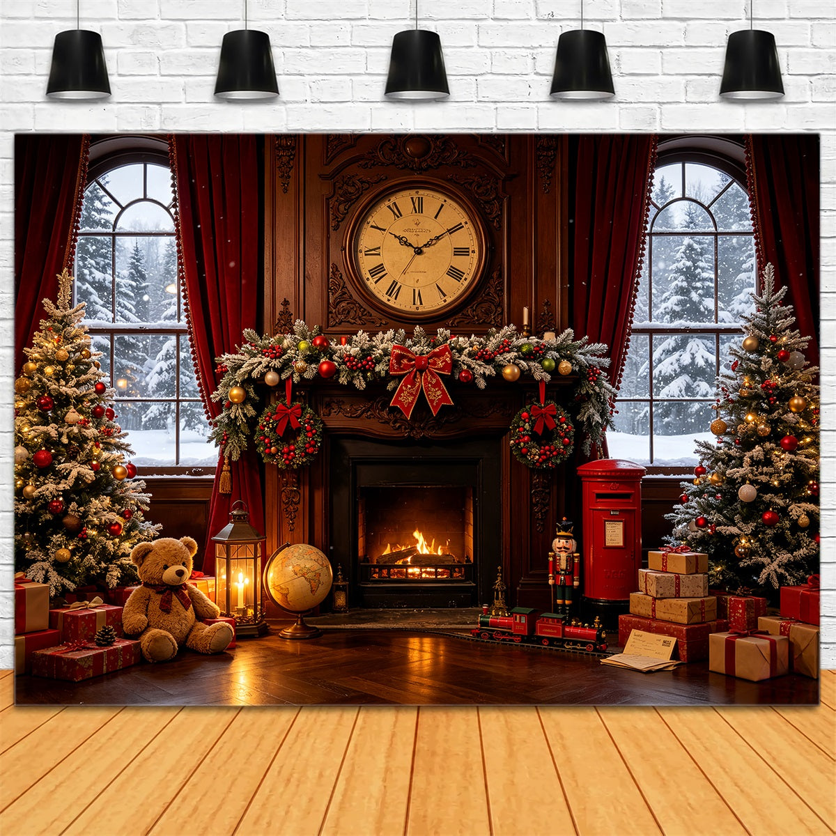 Vintage Christmas Backdrop Vintage Fireplace Clock Room Photographic Backdrops Christmas CSH68-87
