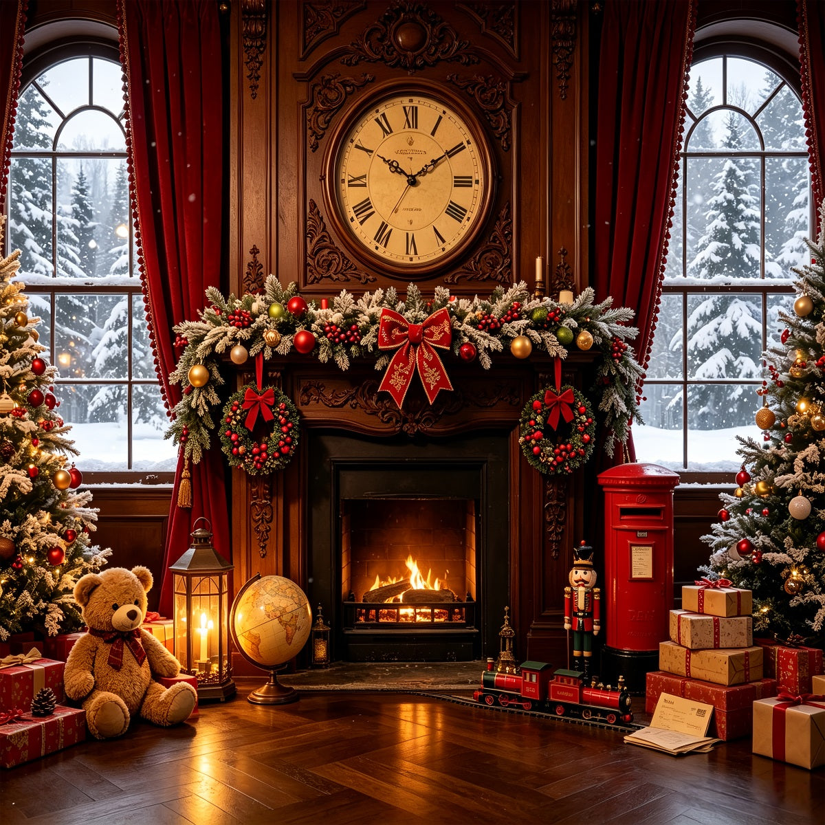 Vintage Christmas Backdrop Vintage Fireplace Clock Room Photographic Backdrops Christmas CSH68-87