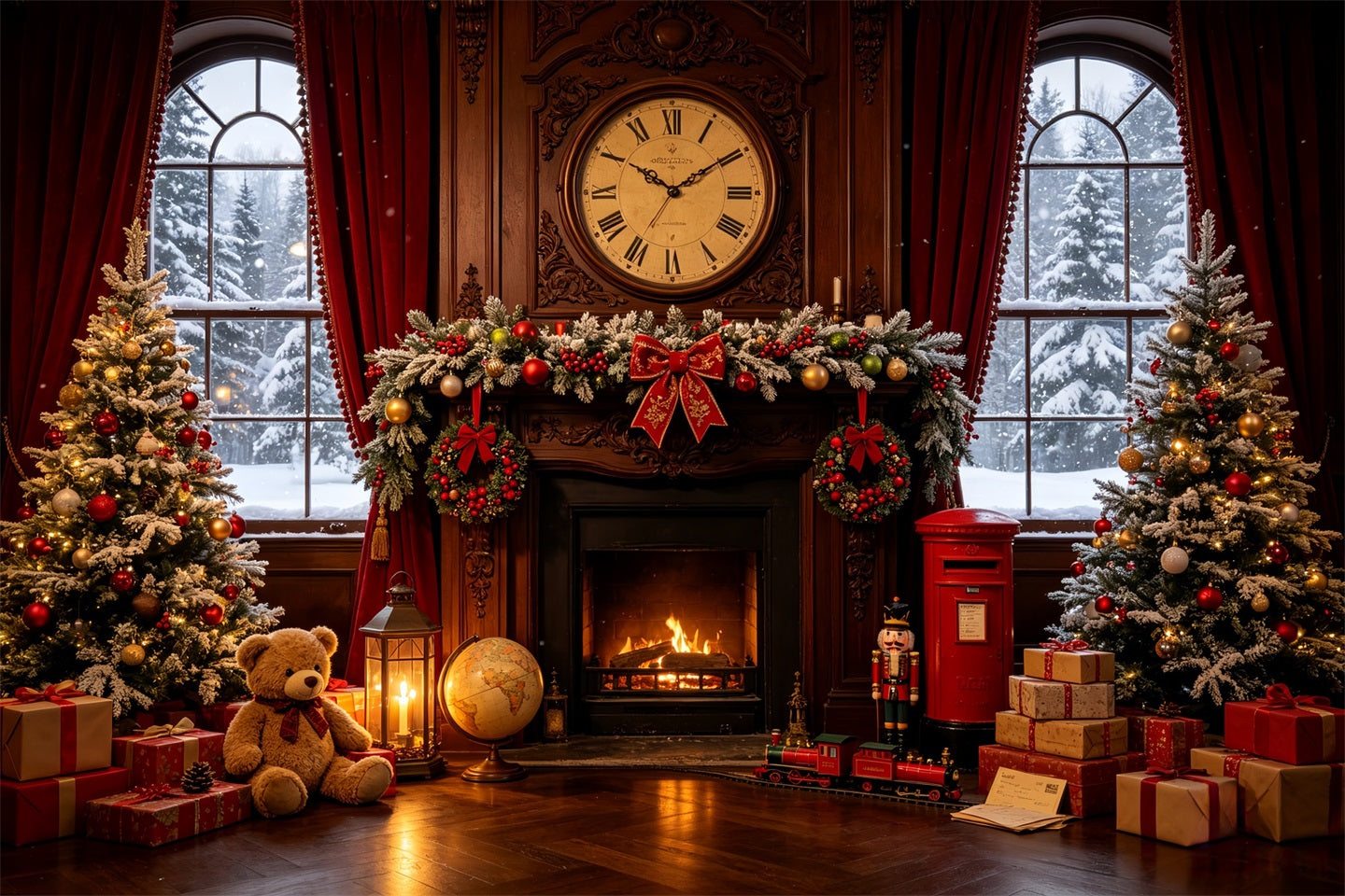 Vintage Christmas Backdrop Vintage Fireplace Clock Room Photographic Backdrops Christmas CSH68-87