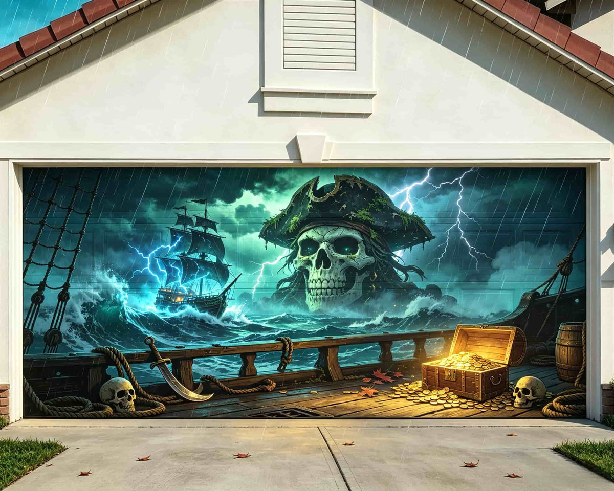 Vintage Halloween Garage Door Cover Stormy Pirate Skull Treasure Halloween Garage Door Cover CSH68-9-2 car