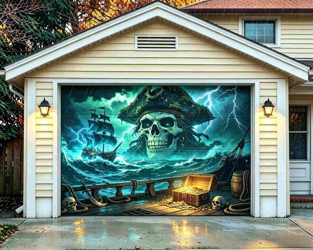 Vintage Halloween Garage Door Cover Stormy Pirate Skull Treasure Halloween Garage Door Cover CSH68-9-1 car
