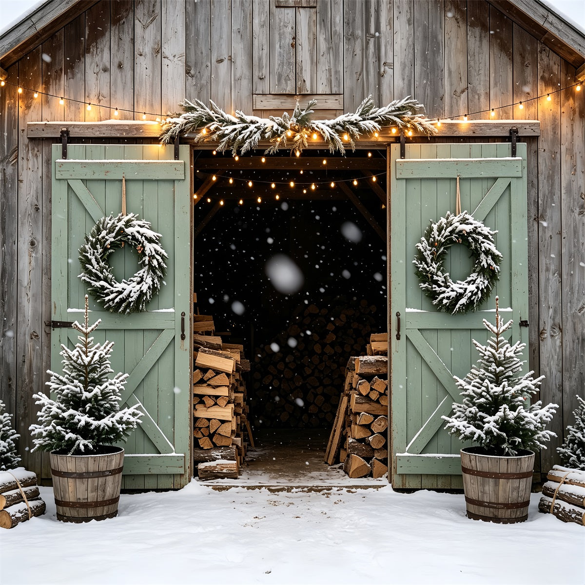 Christmas Barn Door Backdrop Snowy Barn Entrance Christmas Backdrops CSH68-90