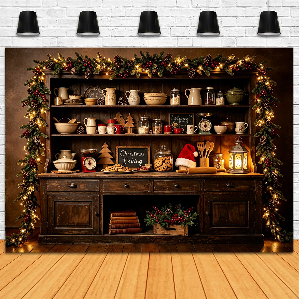Christmas Kitchen Backdrops Dark Woodland Baking Shelf Christmas Photography Backdrop CSH68-94
