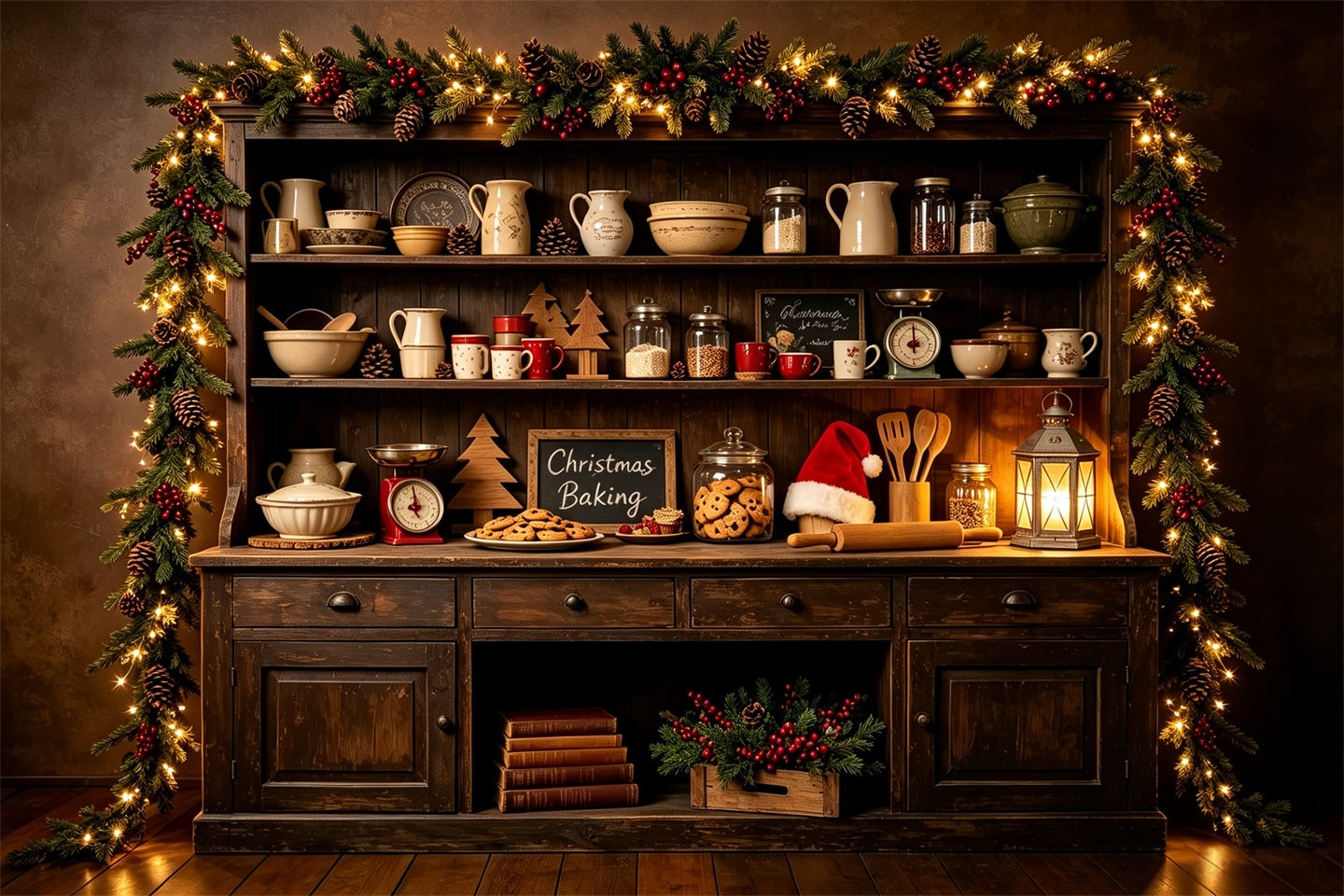 Christmas Kitchen Backdrops Dark Woodland Baking Shelf Christmas Photography Backdrop CSH68-94