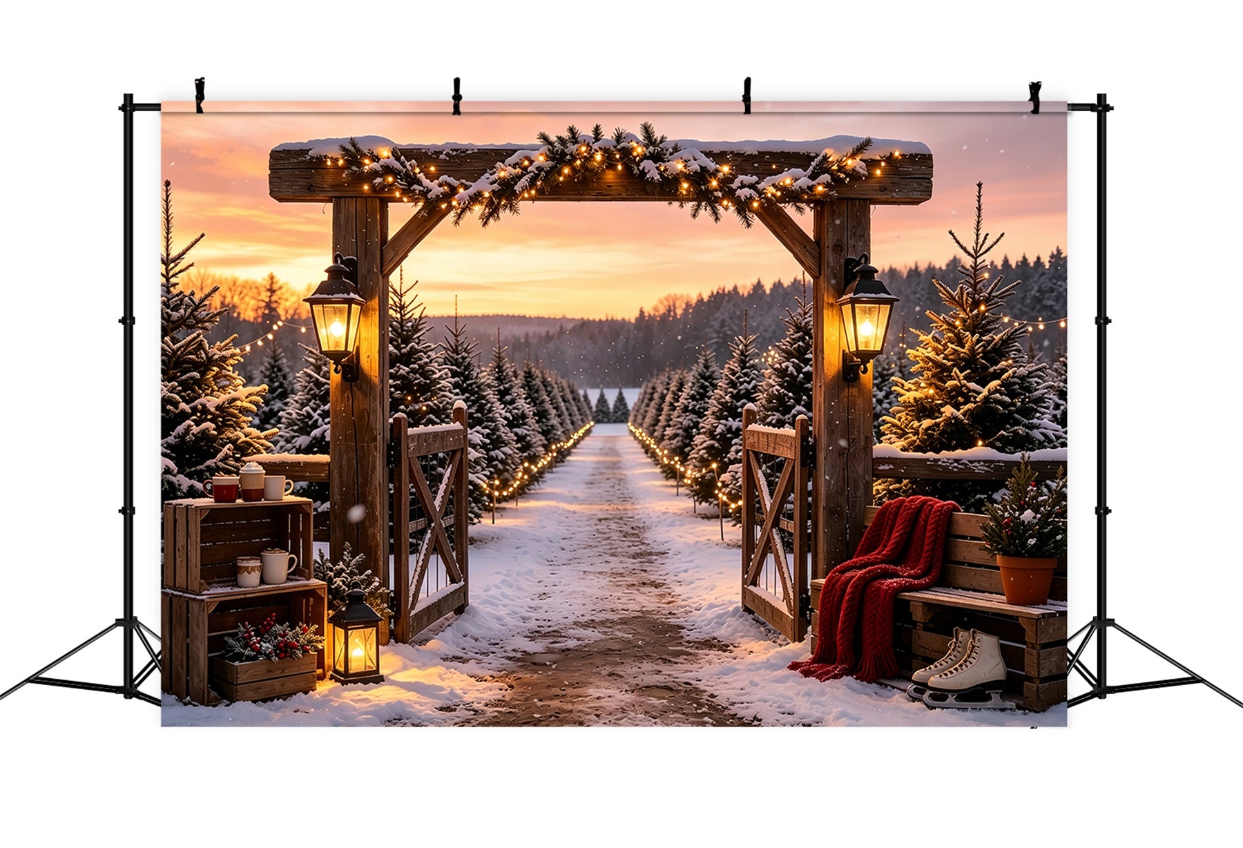 Christmas Tree Farm Backdrop Snowy Pine Gate Entrance Professional Christmas Backdrops CSH68-95