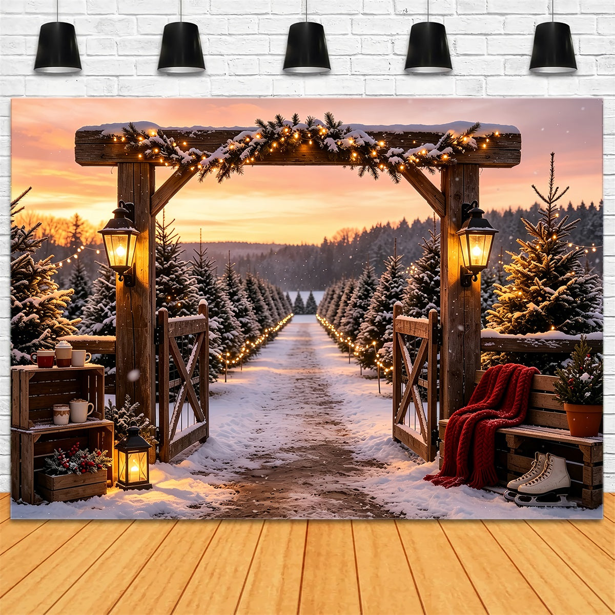 Christmas Tree Farm Backdrop Snowy Pine Gate Entrance Professional Christmas Backdrops CSH68-95