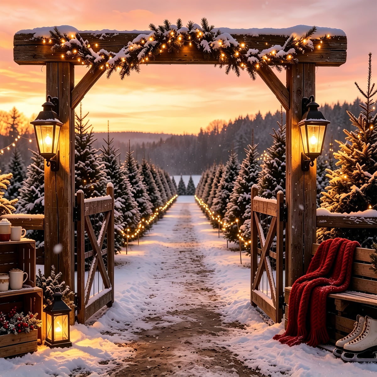 Christmas Tree Farm Backdrop Snowy Pine Gate Entrance Professional Christmas Backdrops CSH68-95