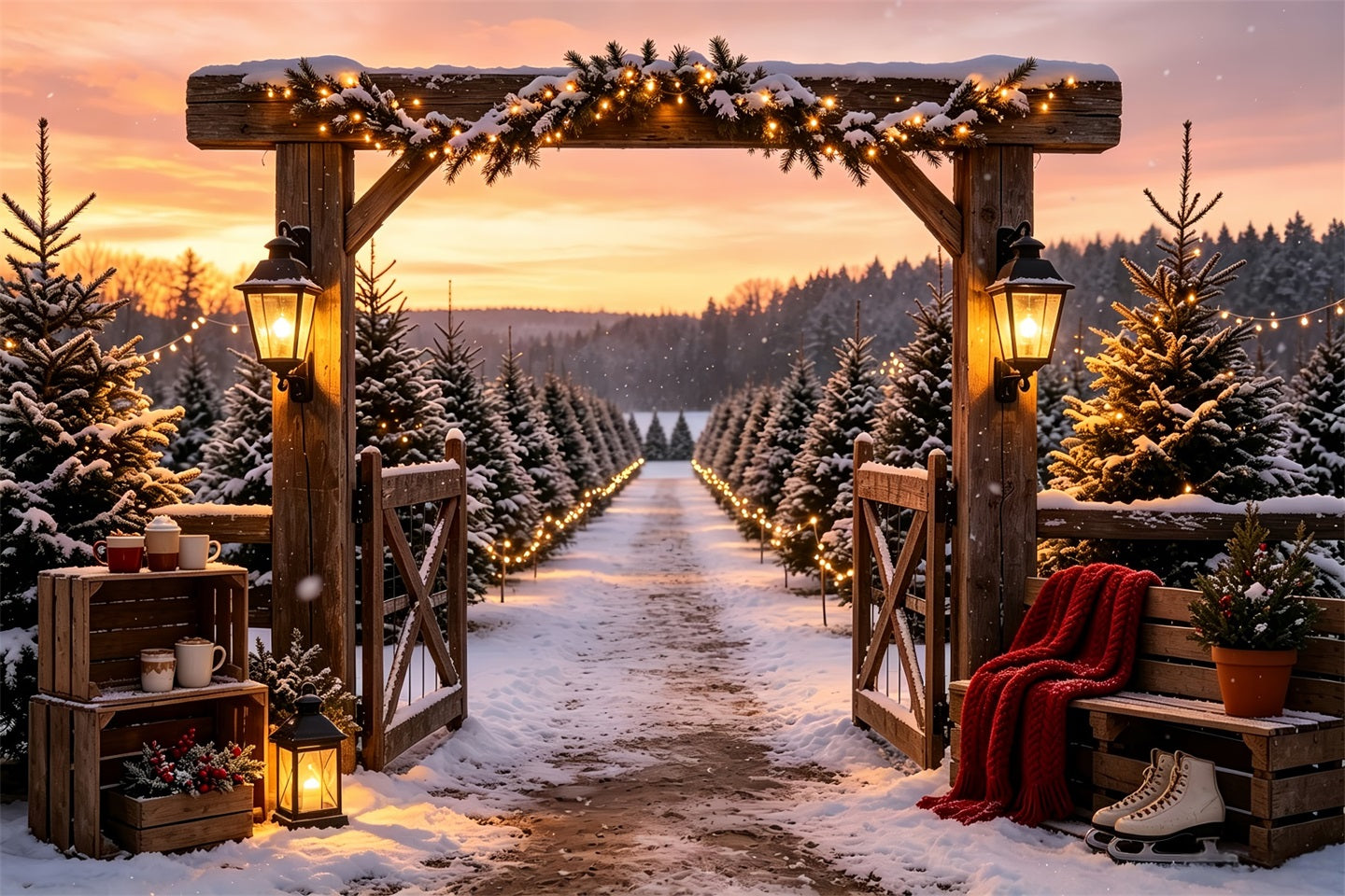 Christmas Tree Farm Backdrop Snowy Pine Gate Entrance Professional Christmas Backdrops CSH68-95