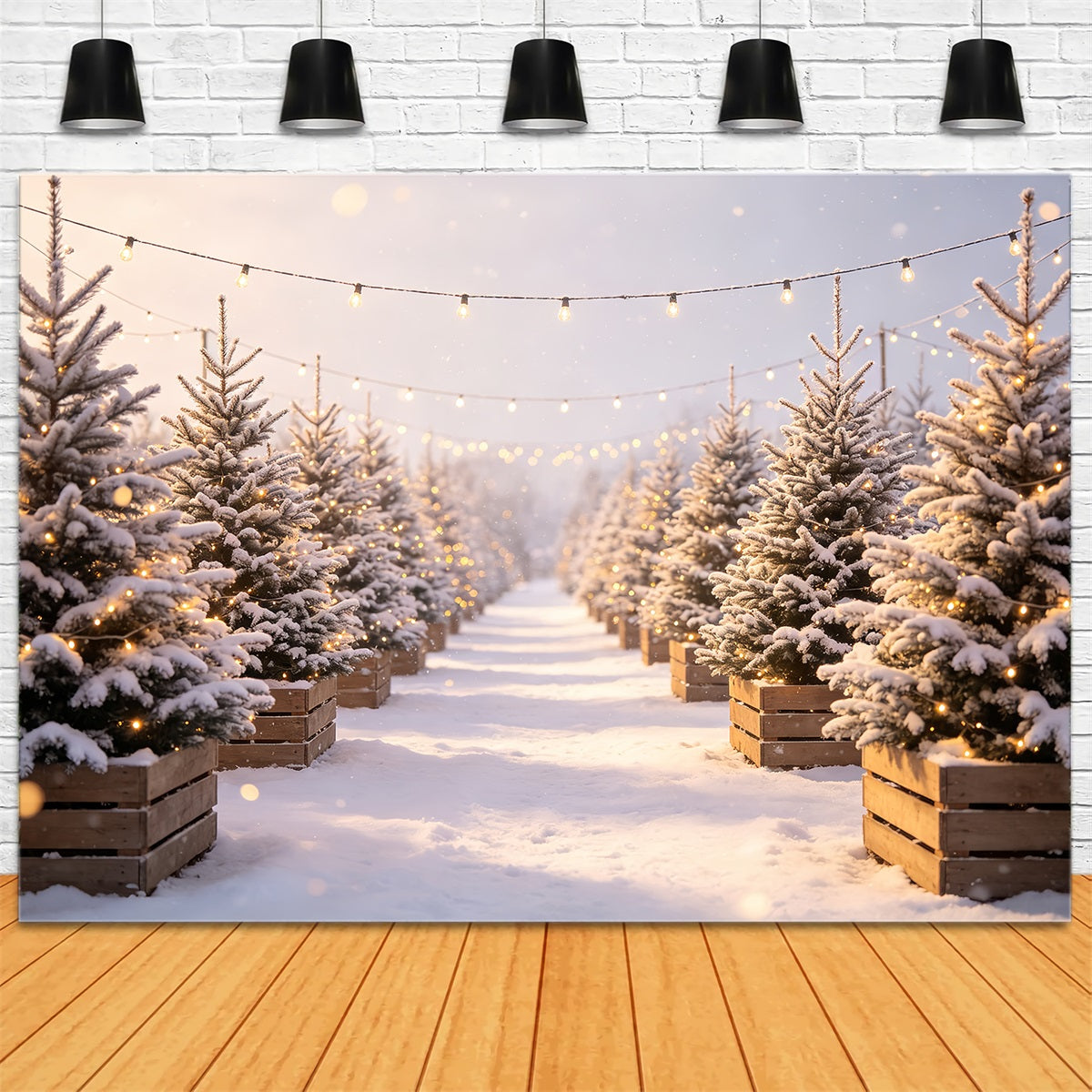 Christmas Tree Farm Backdrop Snowy Pine Light Path Photo Backdrop Christmas CSH68-97