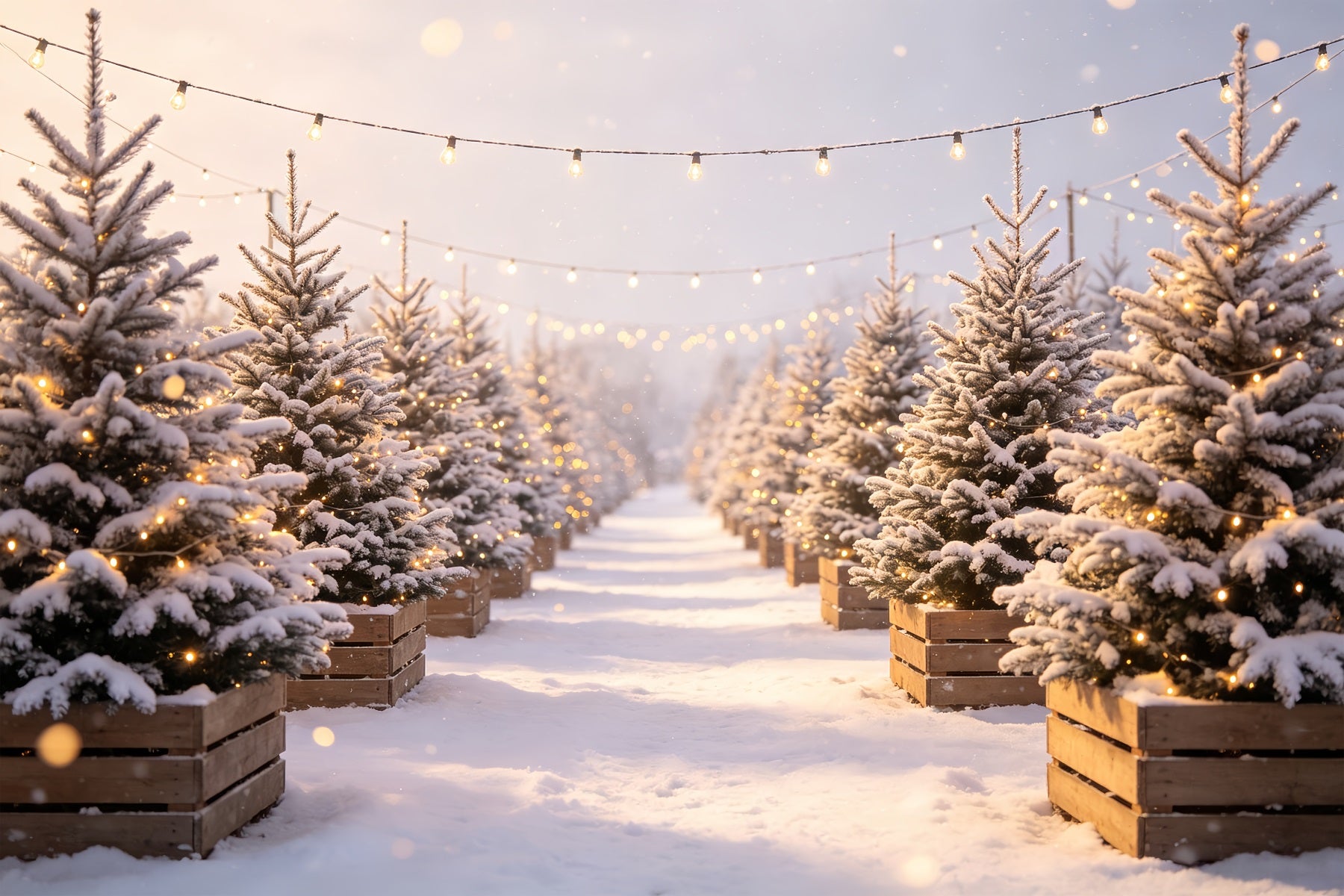 Christmas Tree Farm Backdrop Snowy Pine Light Path Photo Backdrop Christmas CSH68-97