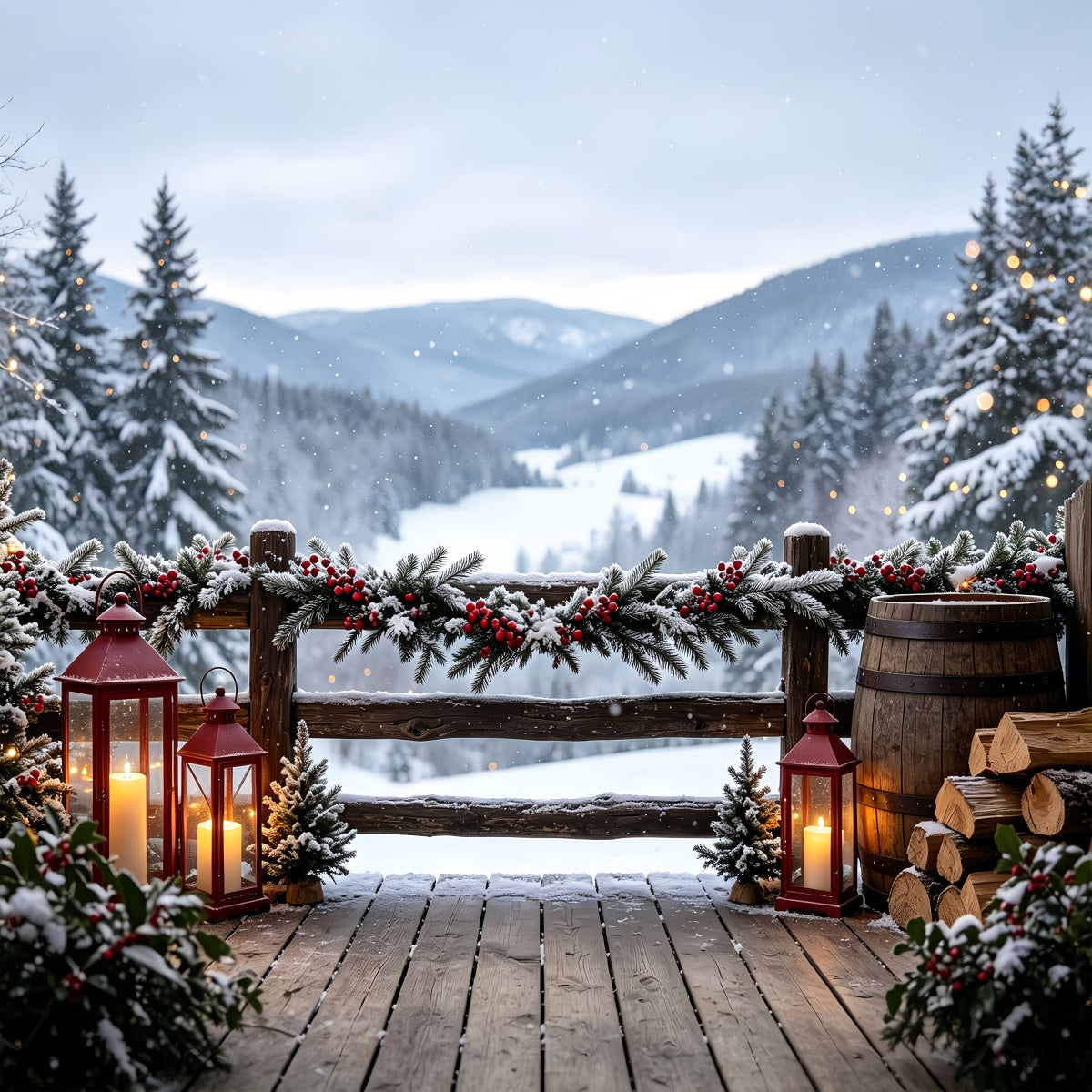 Christmas Scenery Backdrop Mountain Lodge Garland View Large Christmas Backdrops CSH68-98