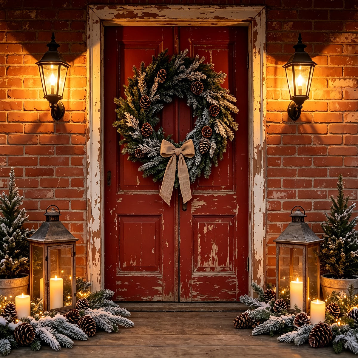 Christmas House Backdrop Brick Door Wreath Entrance Christmas Wall Backdrop CSH68-99