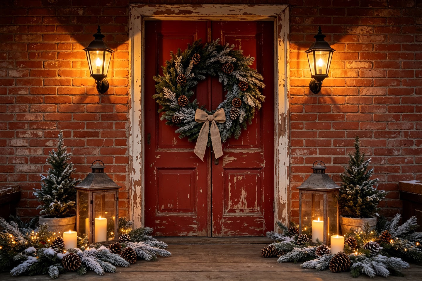 Christmas House Backdrop Brick Door Wreath Entrance Christmas Wall Backdrop CSH68-99