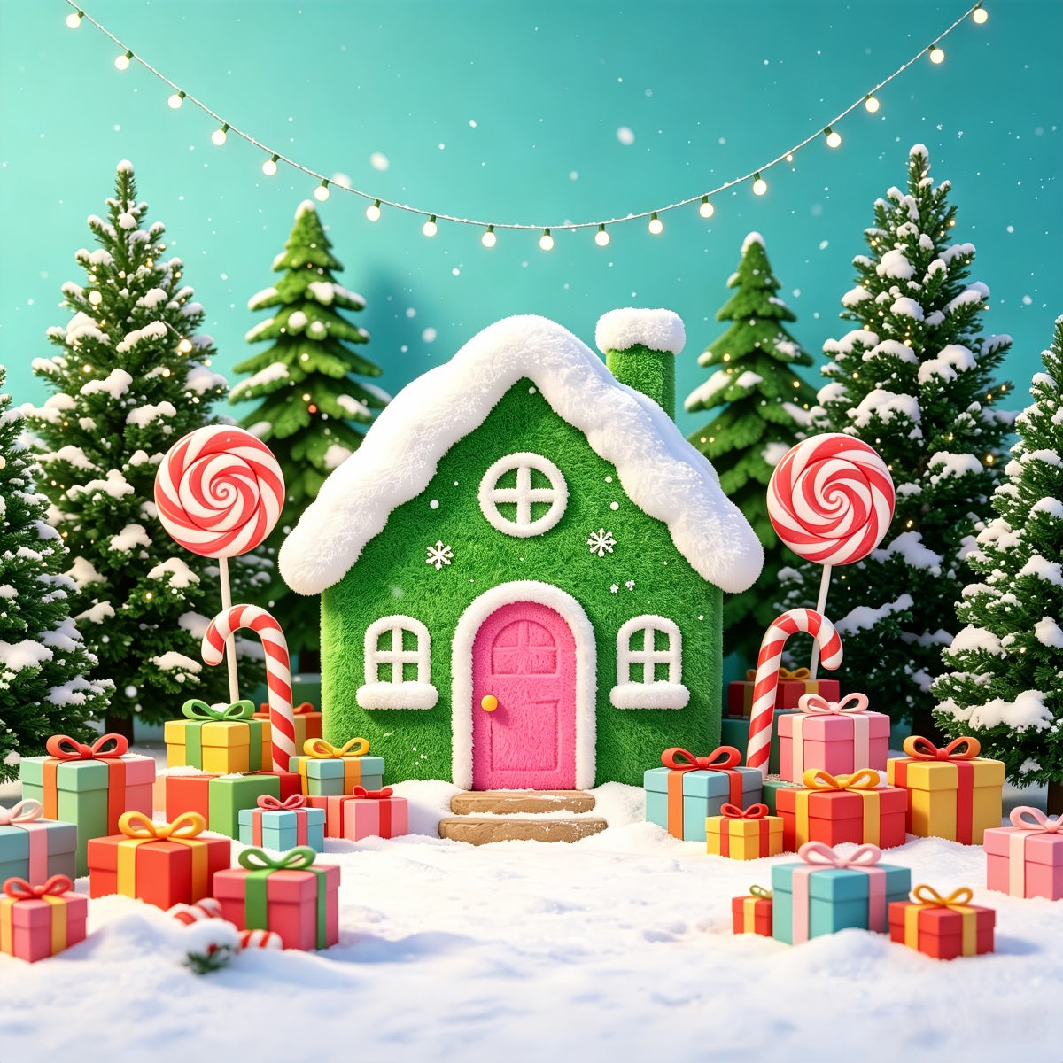 Gingerbread Photo Backdrop Colorful Candy Cottage Display Xmas Backdrop CSH69-100