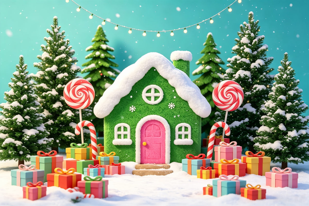 Gingerbread Photo Backdrop Colorful Candy Cottage Display Xmas Backdrop CSH69-100