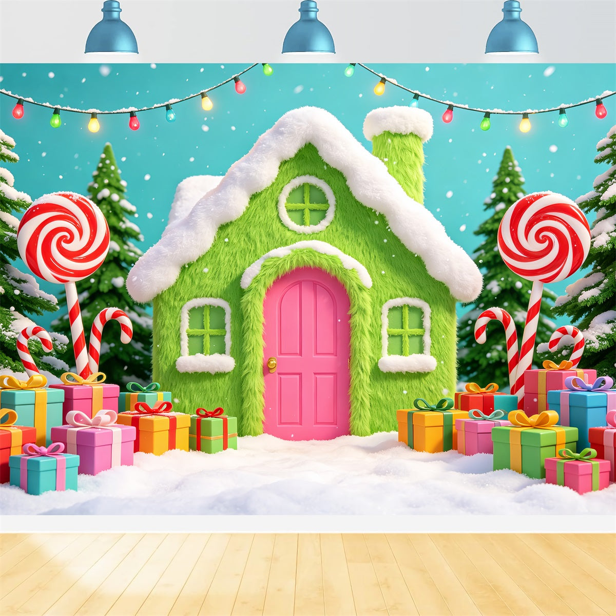 Gingerbread House Backdrops Green Candy Cottage Gifts Pink Christmas Backdrop CSH69-102