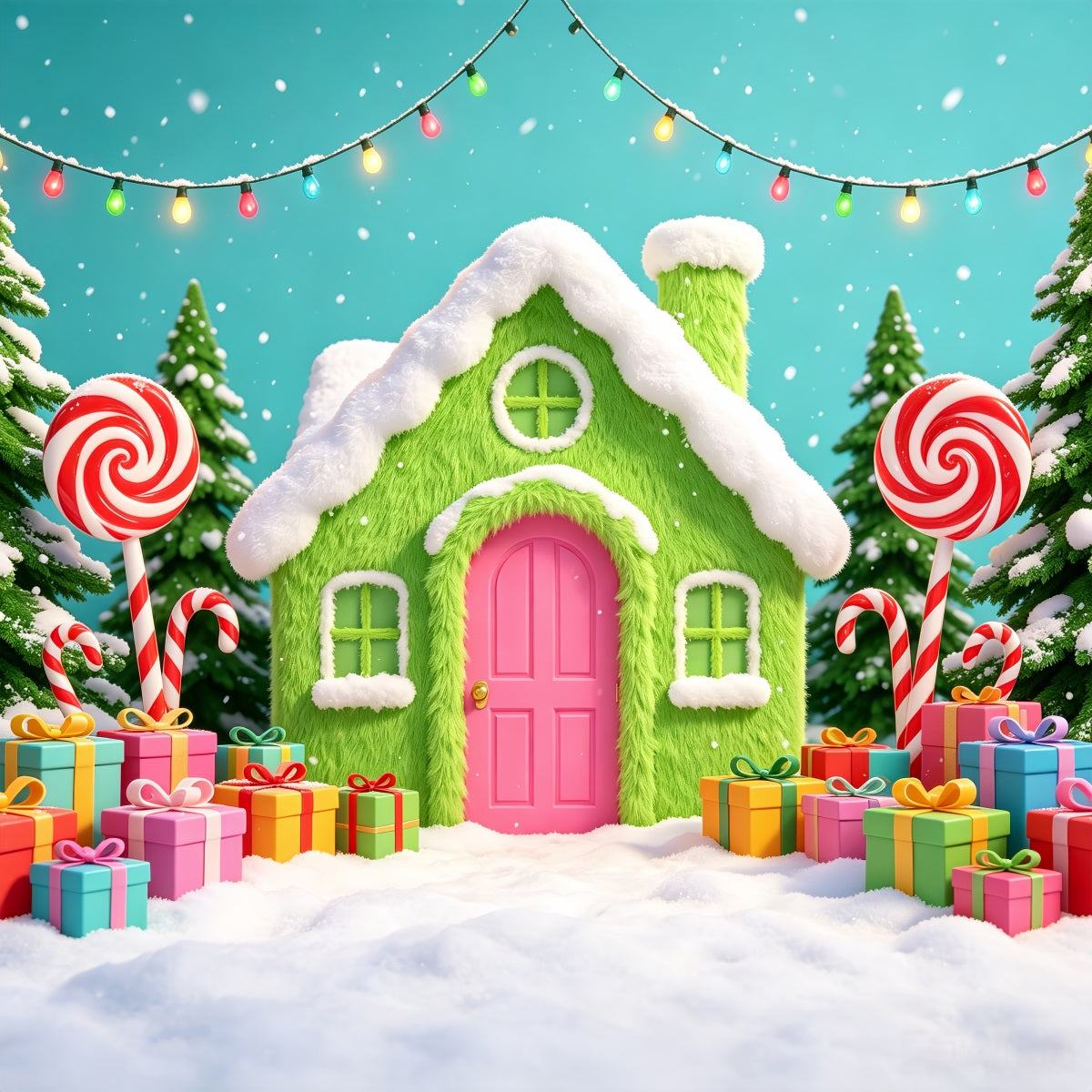 Gingerbread House Backdrops Green Candy Cottage Gifts Pink Christmas Backdrop CSH69-102