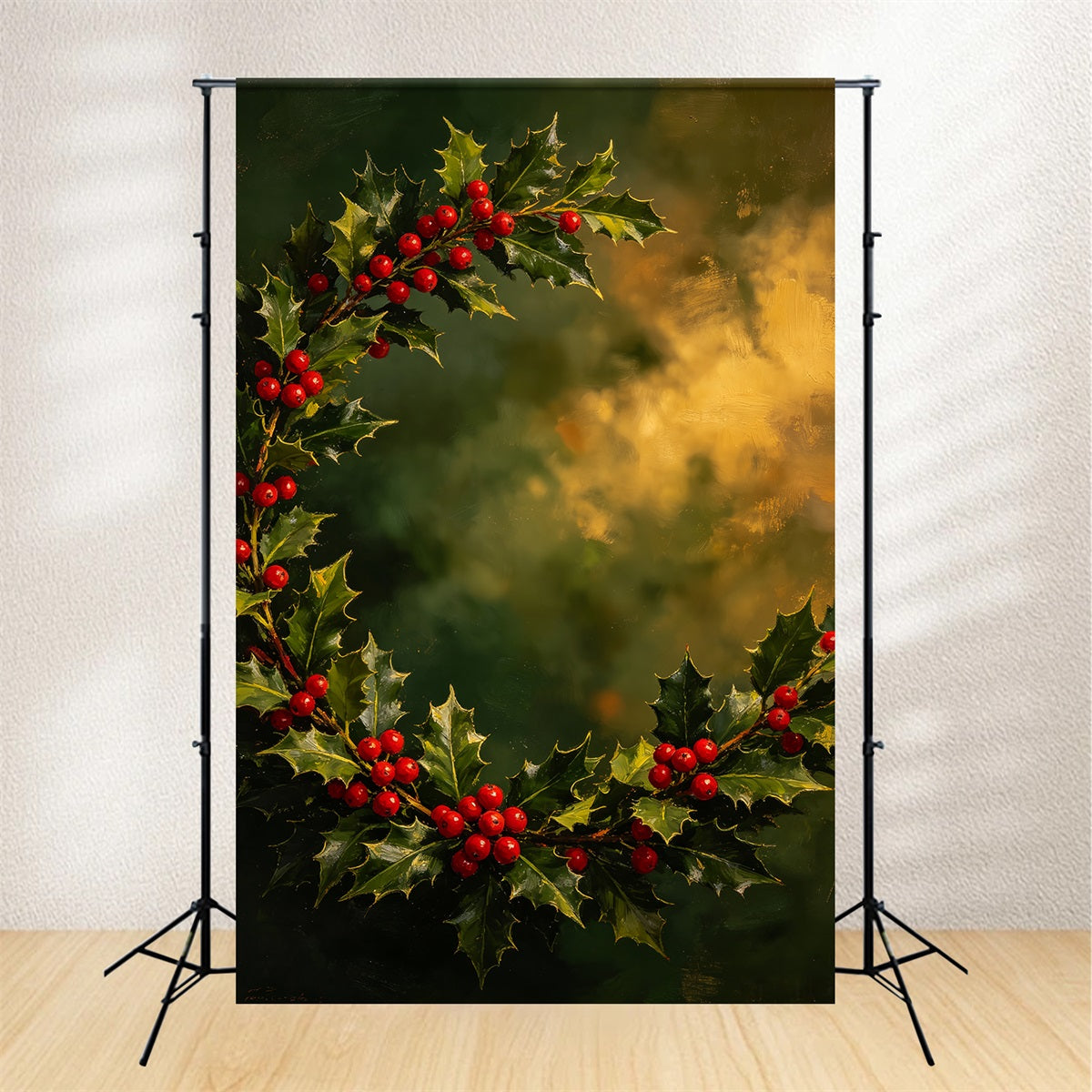 Christmas Portrait Backdrop Holly Berry Painted Wreath Christmas Picture Backdrop CSH69-103