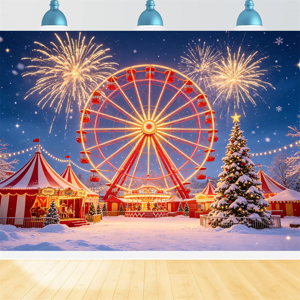 Christmas Backdrop For Party Snowy Ferris Wheel Fireworks Christmas Party Backdrop CSH69-105
