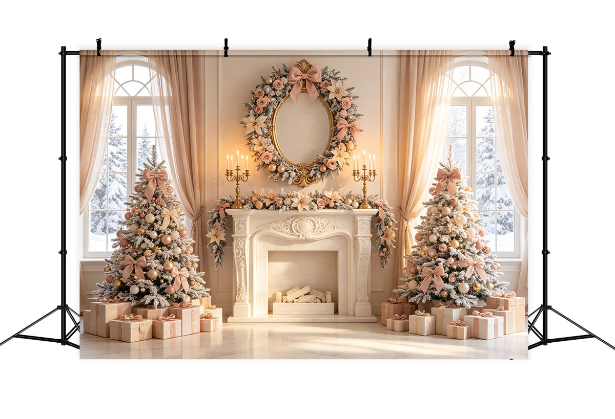 Elegant Christmas Backdrop Blush Floral Fireplace Decor Photo Christmas Backdrop CSH69-11