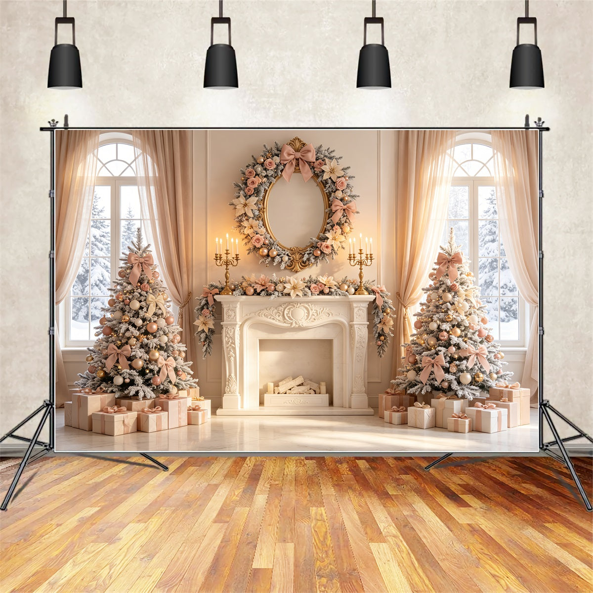 Elegant Christmas Backdrop Blush Floral Fireplace Decor Photo Christmas Backdrop CSH69-11