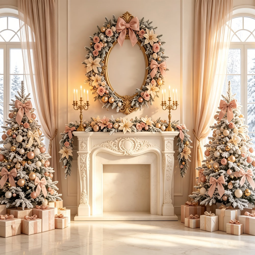 Elegant Christmas Backdrop Blush Floral Fireplace Decor Photo Christmas Backdrop CSH69-11