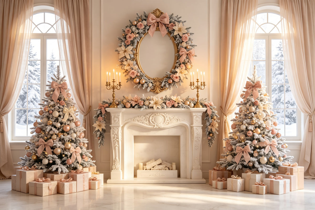 Elegant Christmas Backdrop Blush Floral Fireplace Decor Photo Christmas Backdrop CSH69-11