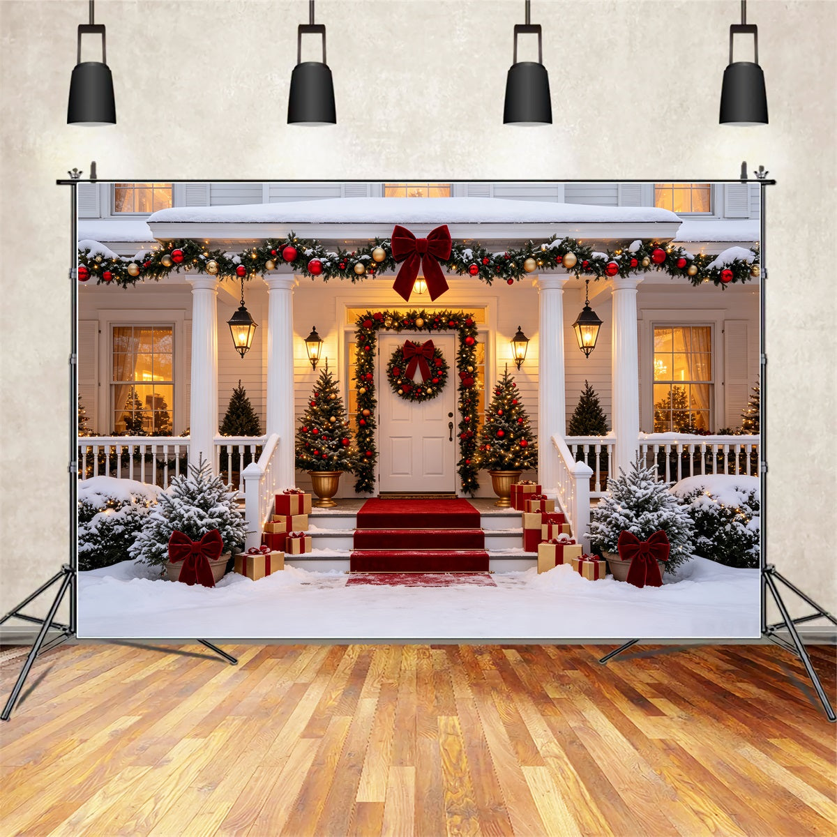 Christmas House Backdrop Elegant Snowy Porch Entrance Wall Christmas Backdrop CSH69-16
