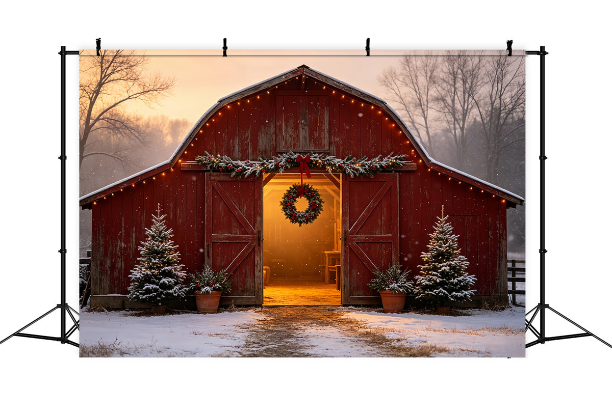Christmas Farm Backdrop Snowy Red Barn Entrance Christmas Muslin Backdrop CSH69-17
