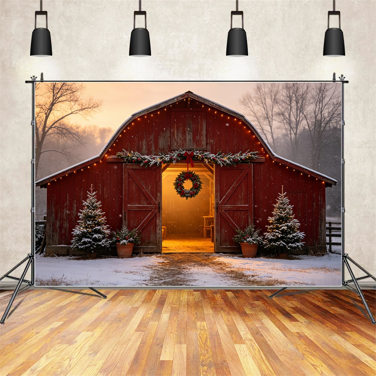 Christmas Farm Backdrop Snowy Red Barn Entrance Christmas Muslin Backdrop CSH69-17