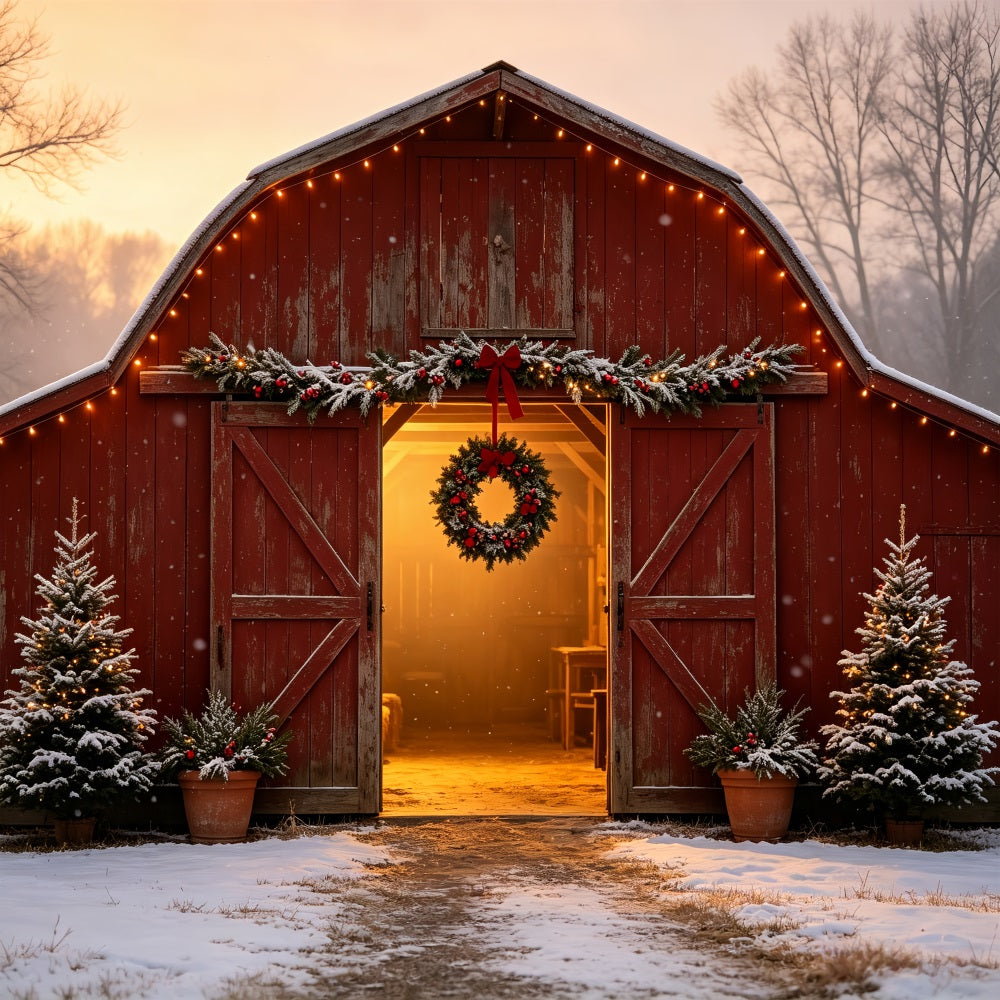 Christmas Farm Backdrop Snowy Red Barn Entrance Christmas Muslin Backdrop CSH69-17