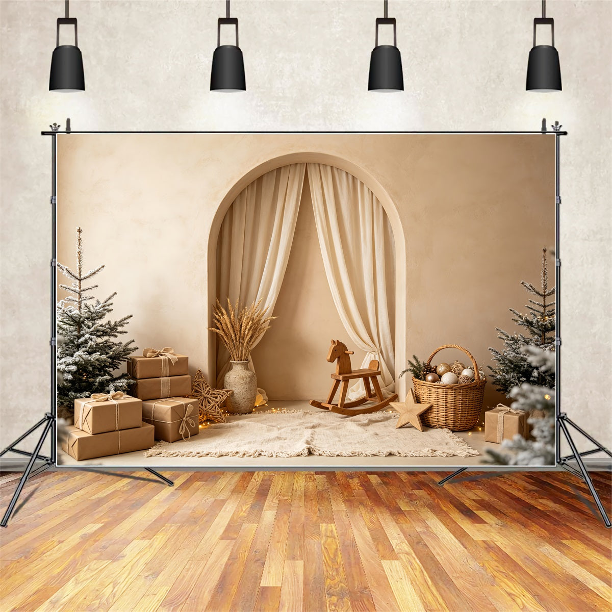 Boho Christmas Backdrop Neutral Arch Rocking Horse Backdrops Christmas CSH69-2