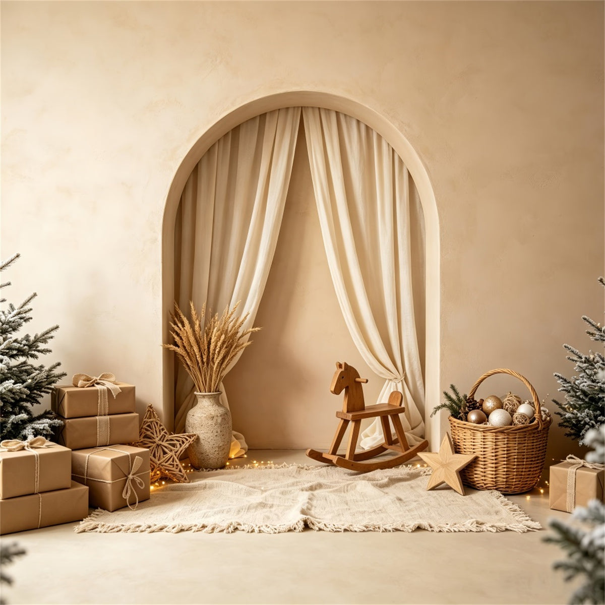 Boho Christmas Backdrop Neutral Arch Rocking Horse Backdrops Christmas CSH69-2