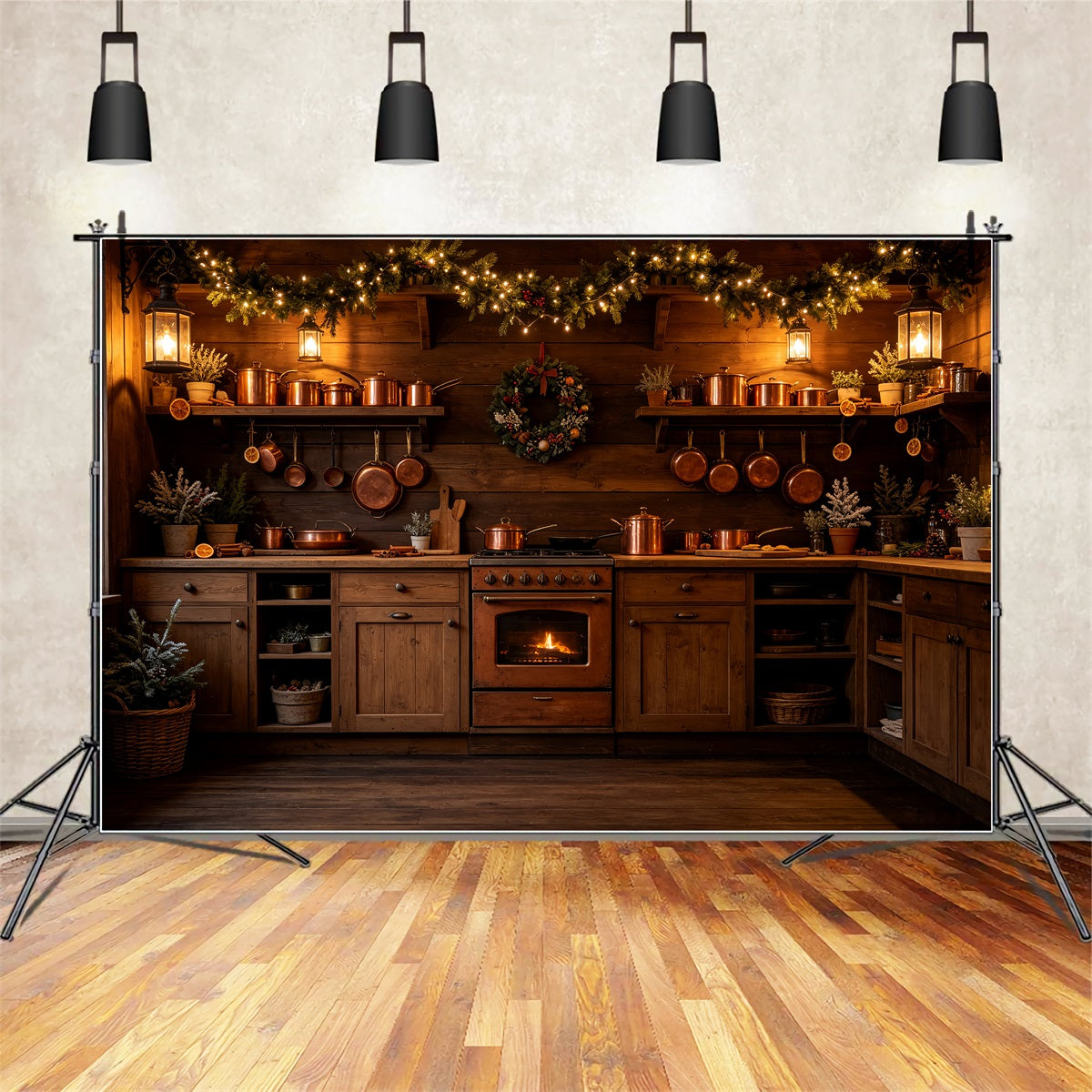 Christmas Kitchen Backdrop Rustic Copper Lights Hearth Wall Backdrop Christmas CSH69-21