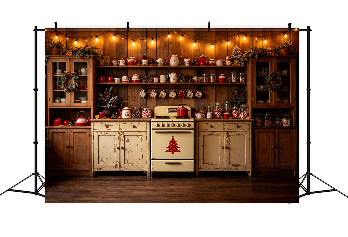 Christmas Kitchen Backdrop Vintage Red Teapot Display Muslin Christmas Backdrop CSH69-22