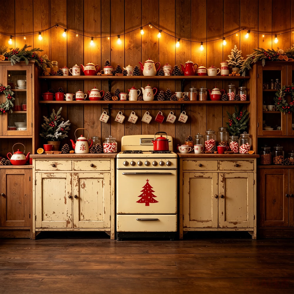 Christmas Kitchen Backdrop Vintage Red Teapot Display Muslin Christmas Backdrop CSH69-22