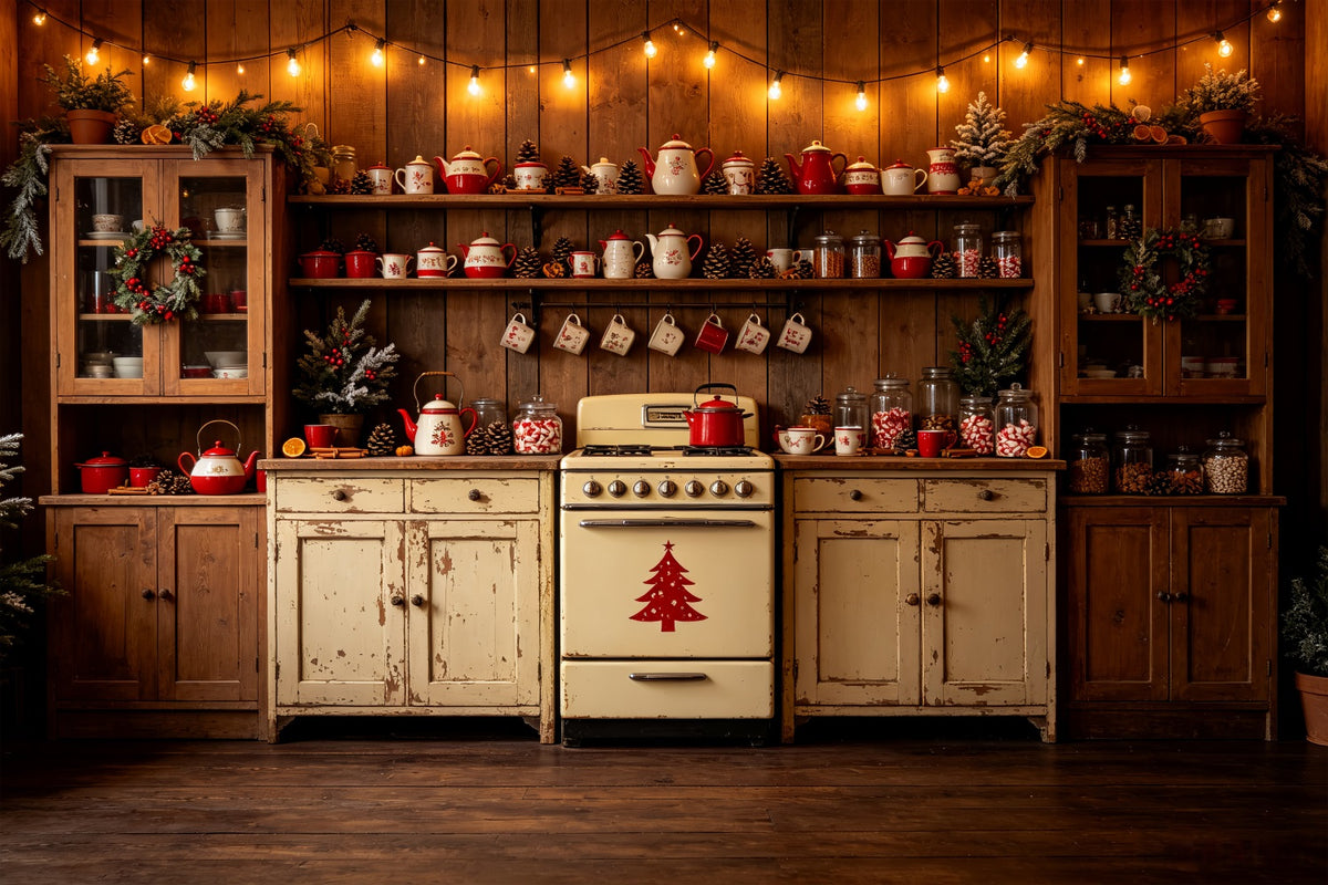 Christmas Kitchen Backdrop Vintage Red Teapot Display Muslin Christmas Backdrop CSH69-22